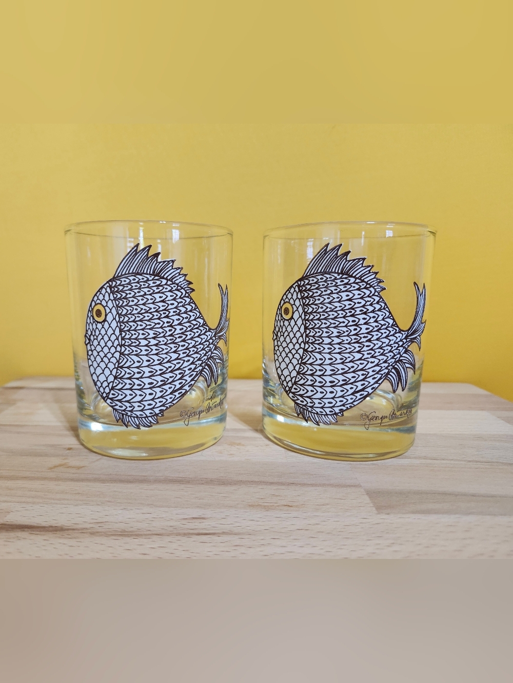 2 RARE Vintage 70's Georges Briard Barracuda Fish Rocks Cocktail Glass 12oz MCM